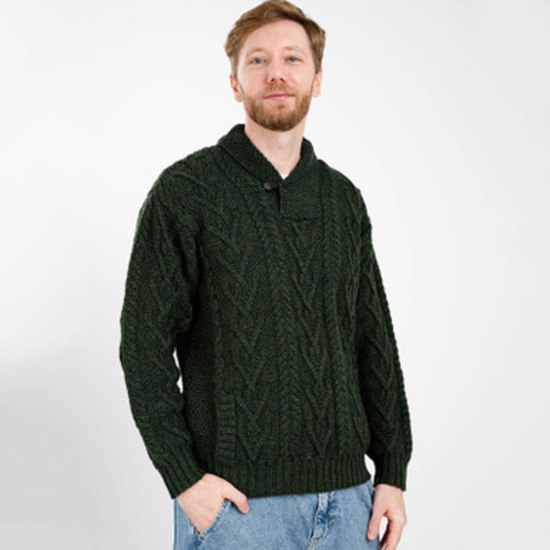 Men’s Single Button Shawl Collar Aran Sweater