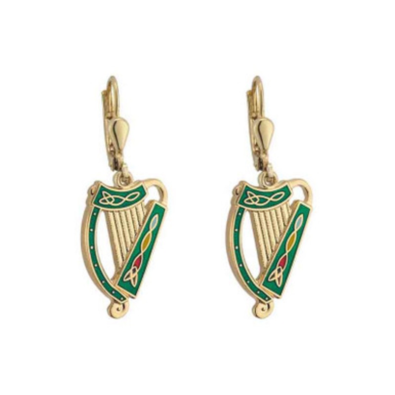 Gold Plated Harp Earrings – Green