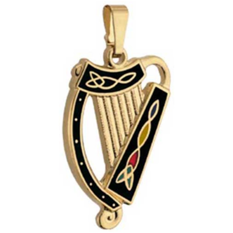 Gold Plated Irish Harp Pendant – Black
