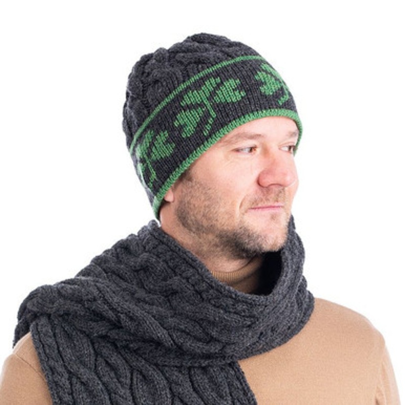 Men’s Wool Cable Knit Hat with Shamrock Design