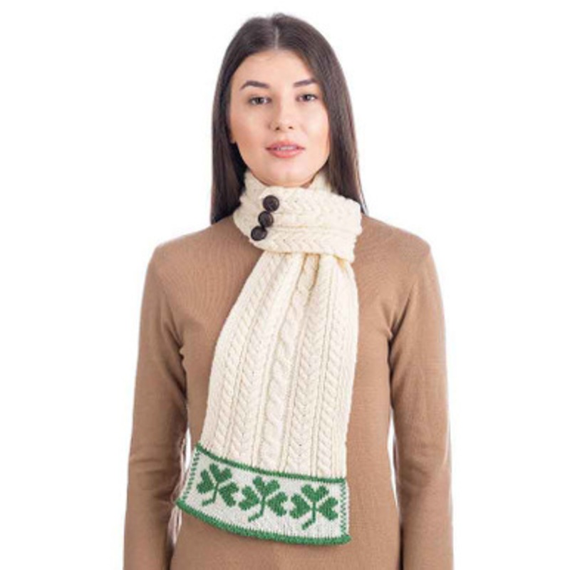 Buttoned Looped Merino Wool Ladies Scarf with Shamrocks