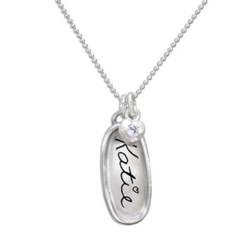Sculpted Raised Edge Long Oval Handwriting Necklace