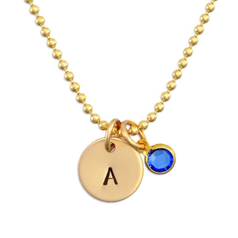 Tiny Gold Initial Discs with Crystal Birthstone Necklace