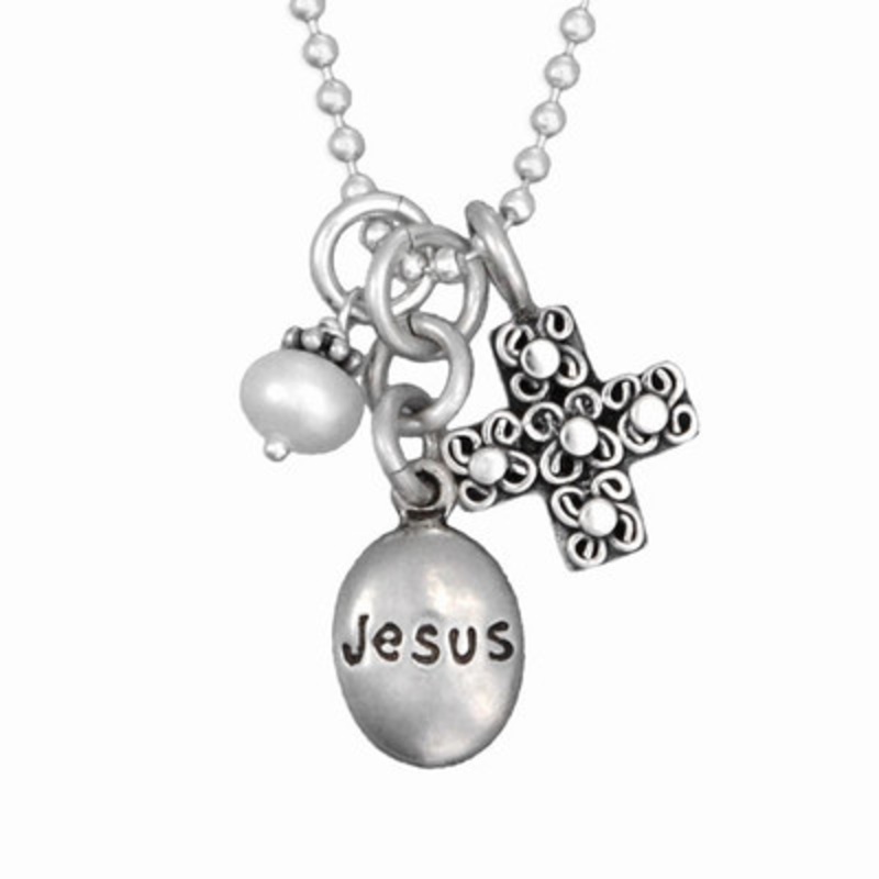 Tiny Jesus with Pearl & Spiral Cross Necklace