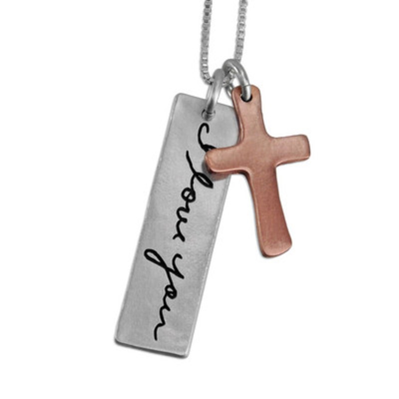 Sculpted Handwriting Tag with Copper Cross Necklace
