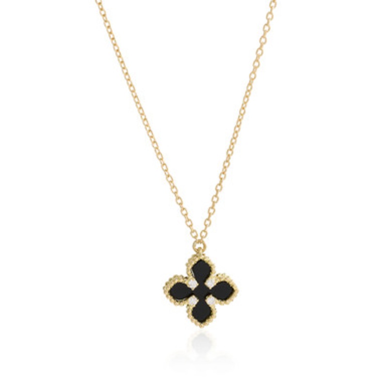 Black Onyx Diamond Flower Pendant Necklace [JNPEN1023]