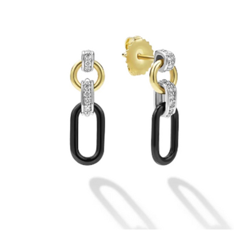 Signature Caviar Black Ceramic Diamond Link Drop Earrings [JEOTH1027]