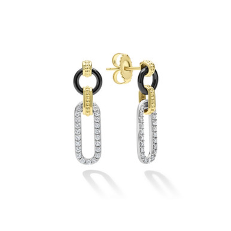 Signature Caviar Black Ceramic Diamond Link Drop Earrings [JEOTH1028]