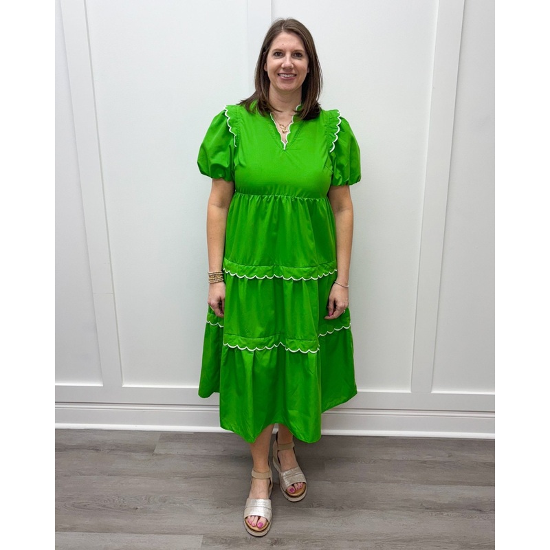 Evelyn Midi Dress – Green w/ White Scalloped Trim