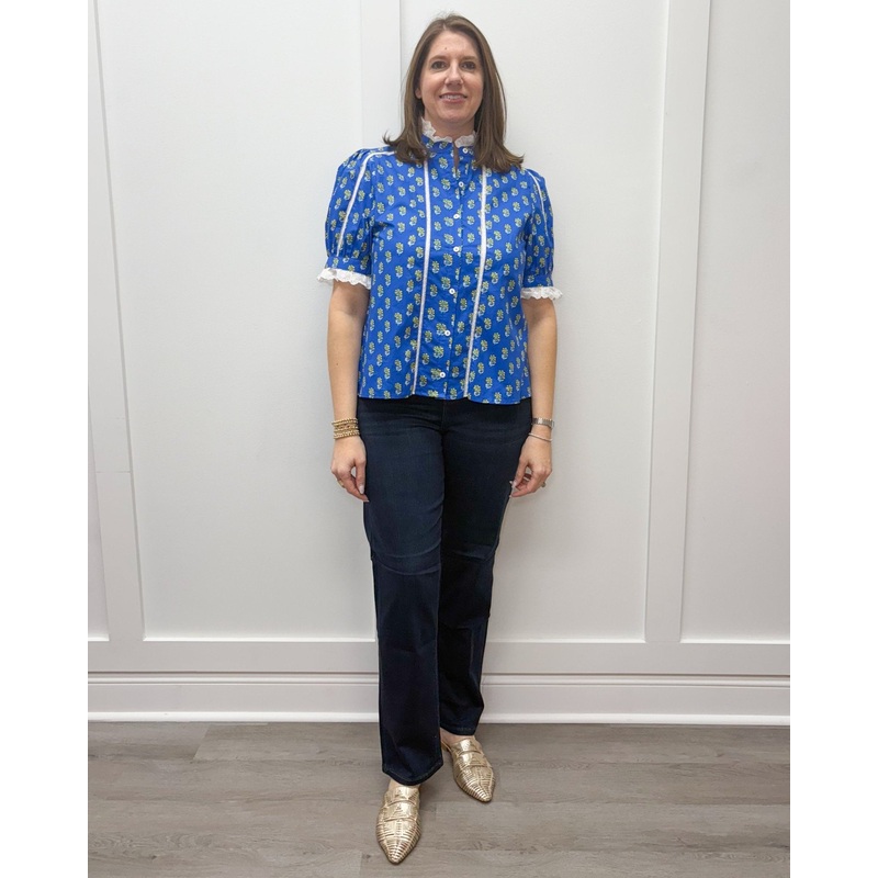 Floral Charm Top – Blue Floral w/ Lace Trim