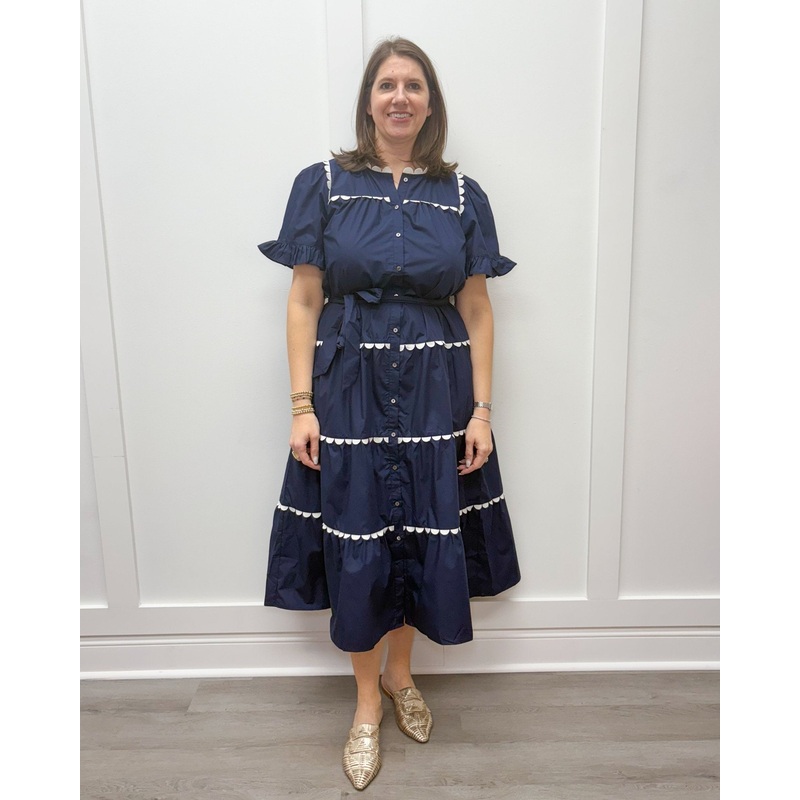 Mia Midi Dress – Navy w/ White Scalloped Trim