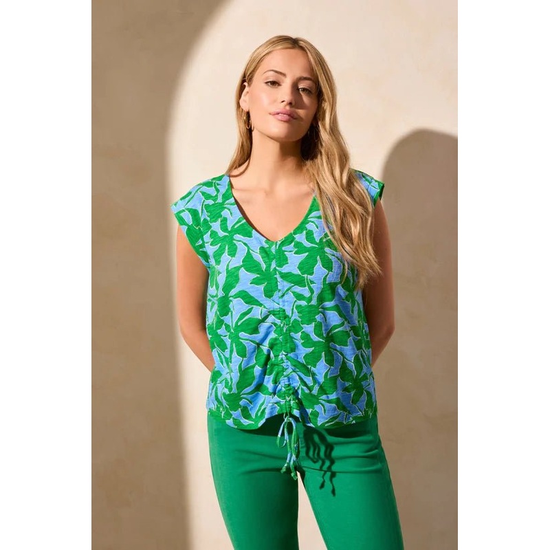 Printed Sleeveless V-Neck Top w/ Sheering – Deep Sea
