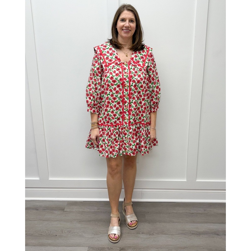 Sheila Dress – Red Floral w/ Gold Flower Buttons