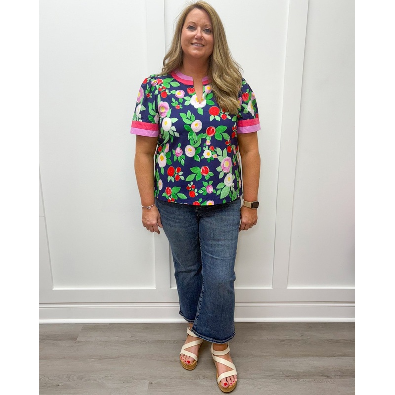 Spring Charm Top – Navy w/ Pink and Red Florals