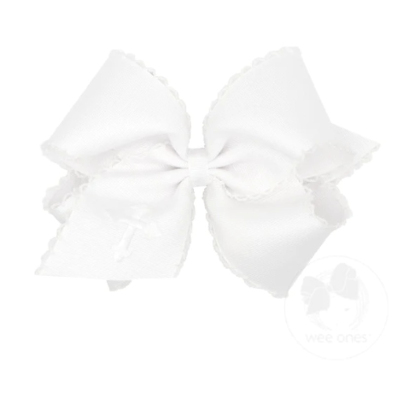 King White Grosgrain Bow with Moonstitch Edge and Cross Embroidery – White with White