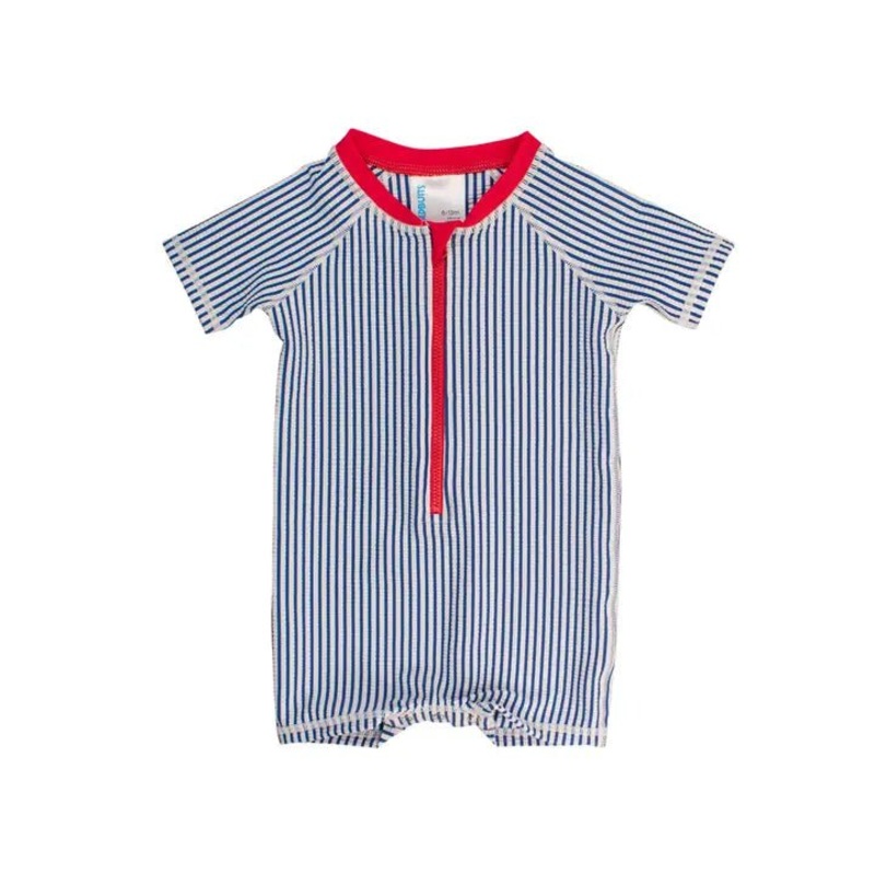Blue Seersucker Short Sleeve One Piece Rash Guard