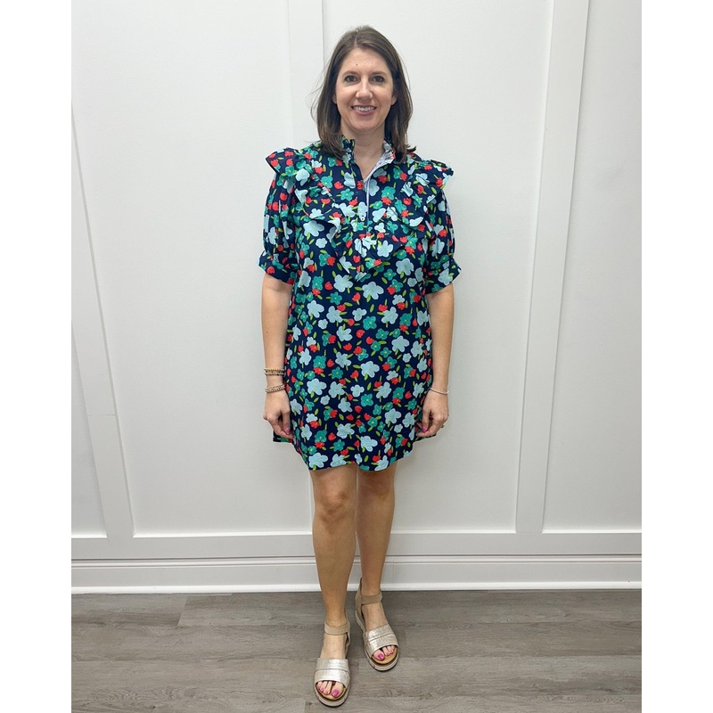 Field of Flowers Dress – Navy Floral w/ Contrast Stripes