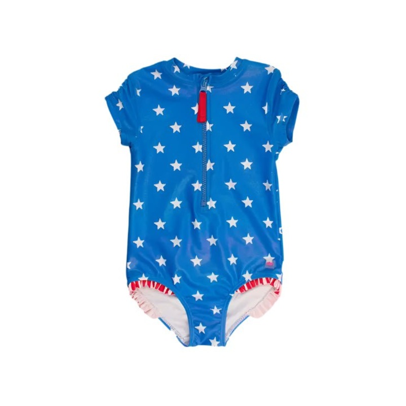 Shimmer Stars & Stripes Girls Short Sleeve Rash Guard One Piece
