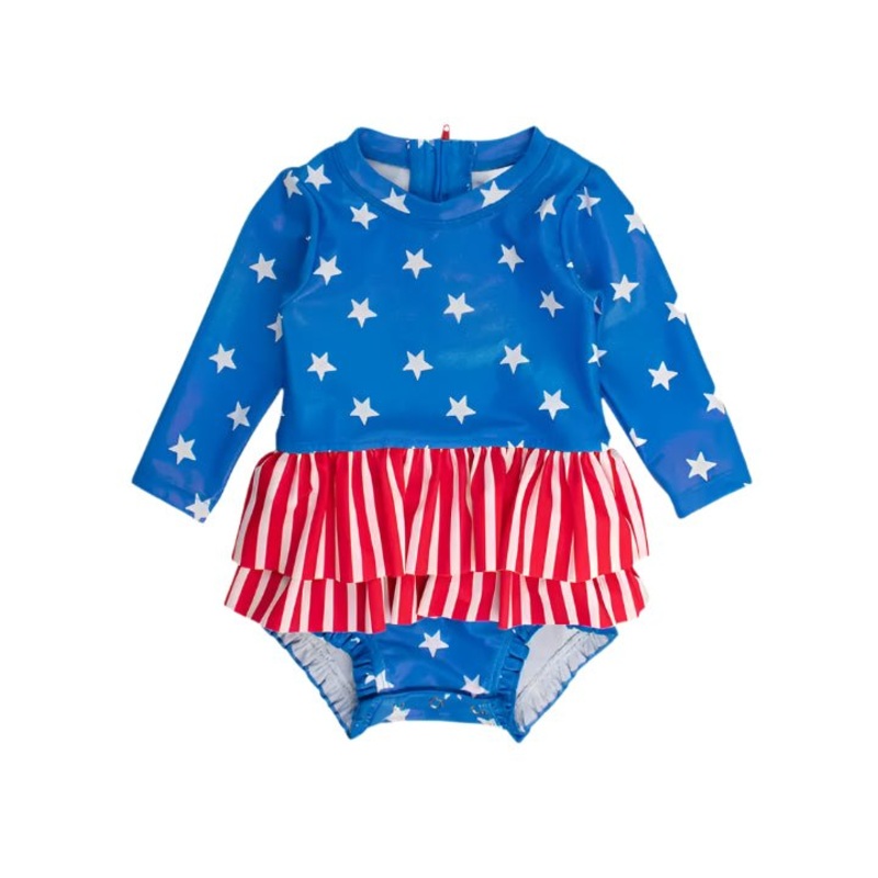 Shimmer Stars & Stripes Long Sleeve Skirted One Piece Rash Guard
