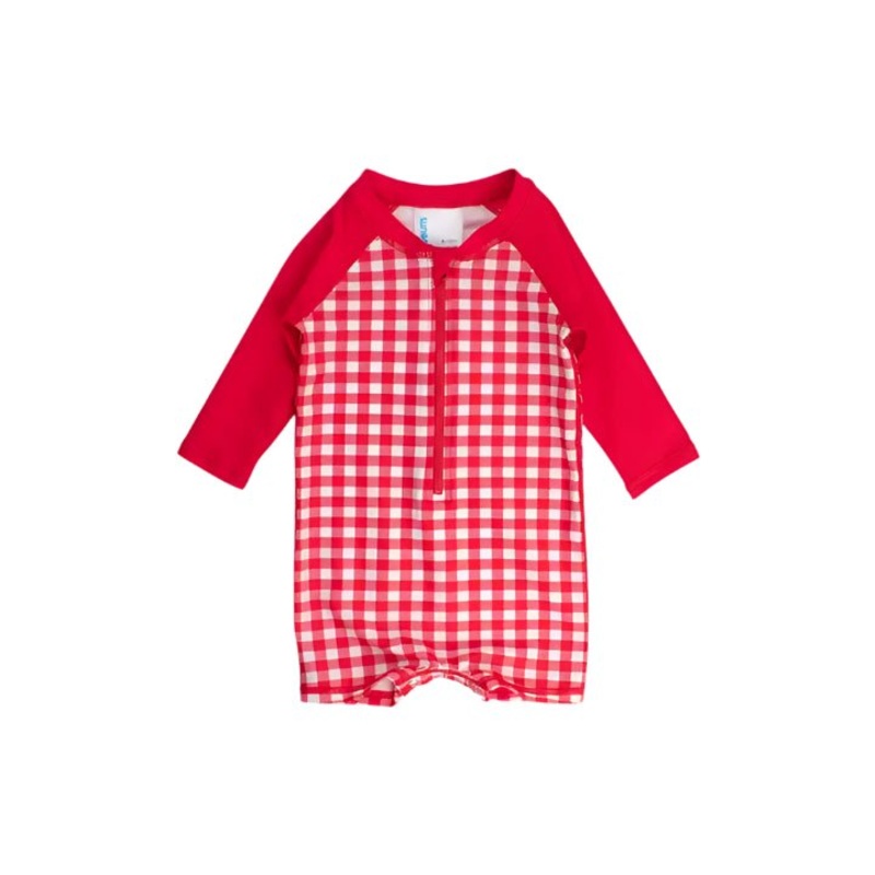 Vintage Red Gingham Boys Long Sleeve One Piece Rash Guard