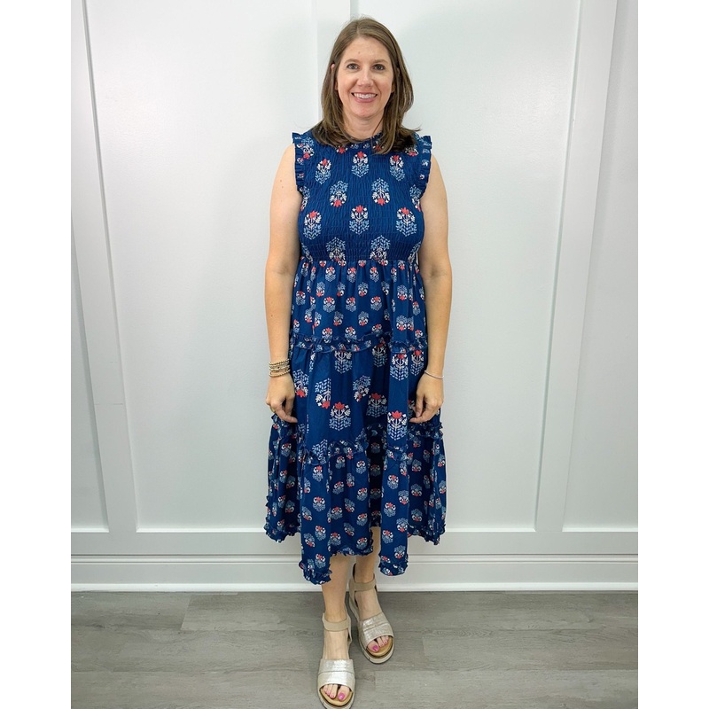 Ward Smocked Midi Dress – Navy