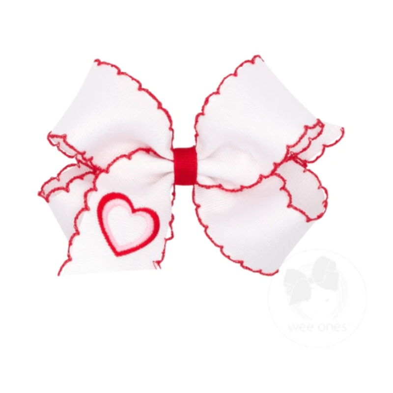 Medium Heart White with Red Embroidered Moonstitch Grosgrain Bow
