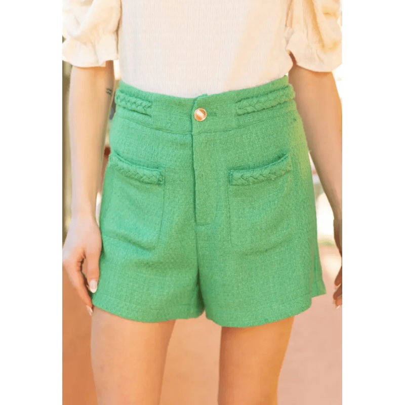 Braid Waist Gold Button Tweed Short – Green