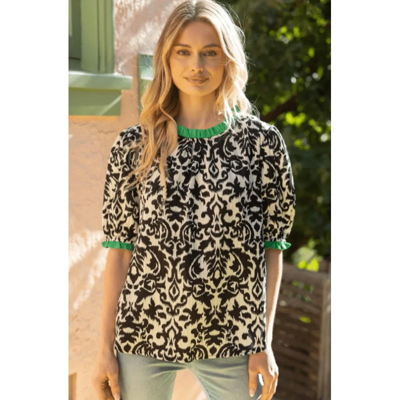 Contrast Color Ruffle Detailed Printed Top