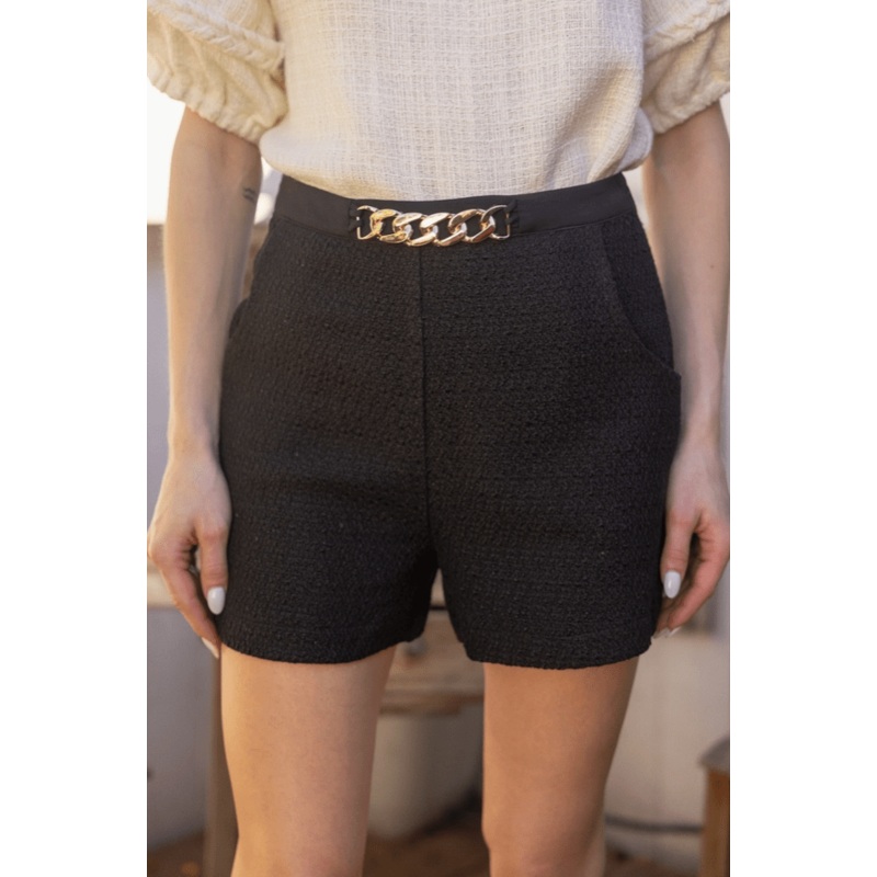 Gold Chain Detailed Waist Tweed Shorts – Black