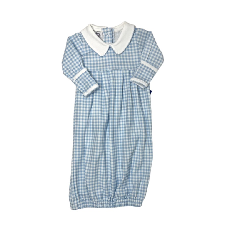 Mini Checks Collared Pleated Gown – Lt. Blue