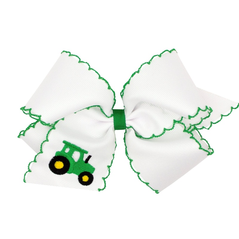 King Grosgrain Hair Bow with Moonstitch Edge and Farm Embroidery – Green Tractor