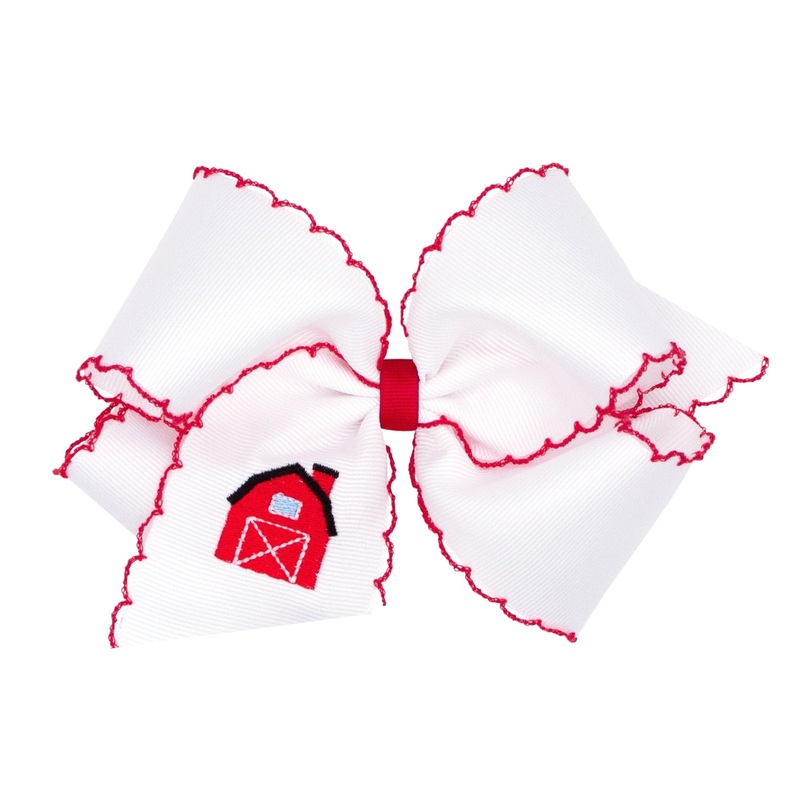 King Grosgrain Hair Bow with Moonstitch Edge and Farm Embroidery – Red Barn