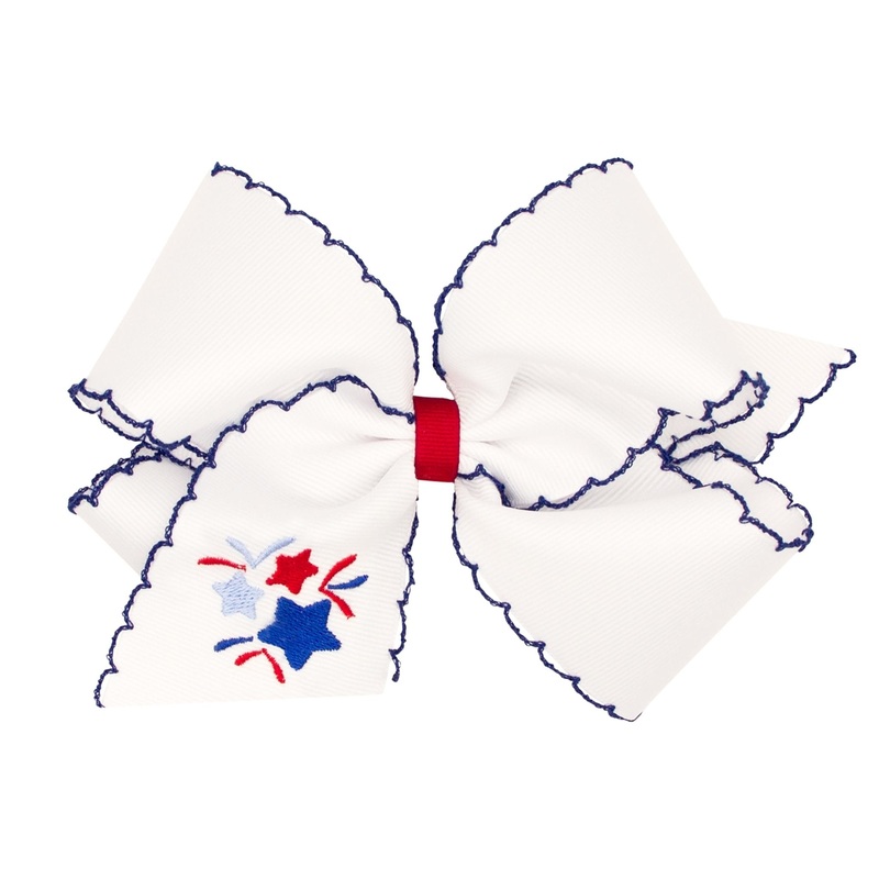 King Grosgrain Hair Bow with Moonstitch Edge and Patriotic Firework Embroidery