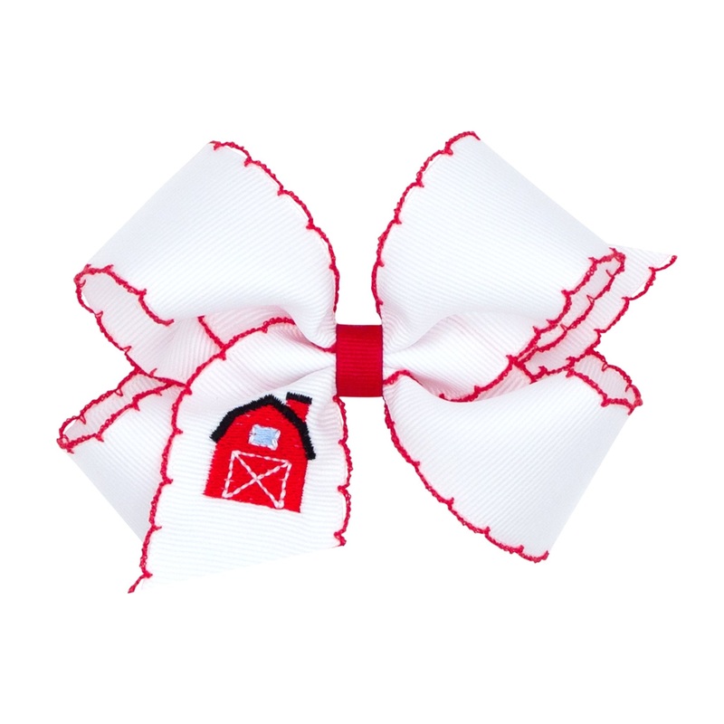 Medium Grosgrain Hair Bow with Moonstitch Edge and Farm-theme Embroidery – Red Barn