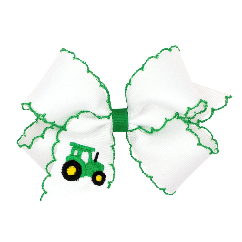 Medium Grosgrain Hair Bow with Moonstitch Edge and Farm-Theme – Green Tractor