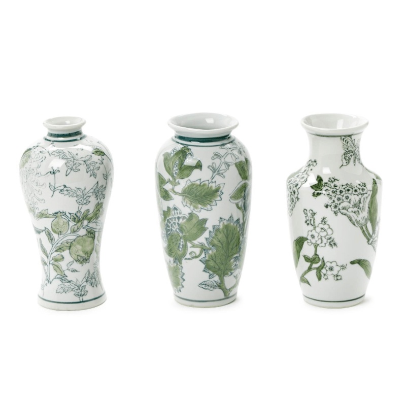 Primrose and Lotus Hand-Painted Green and White Chinoiserie Vases