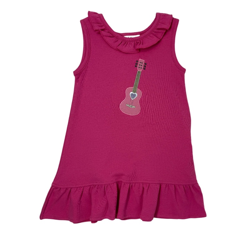 Girls Ruffle Neck Dress w/ Guitar – Hot Pink