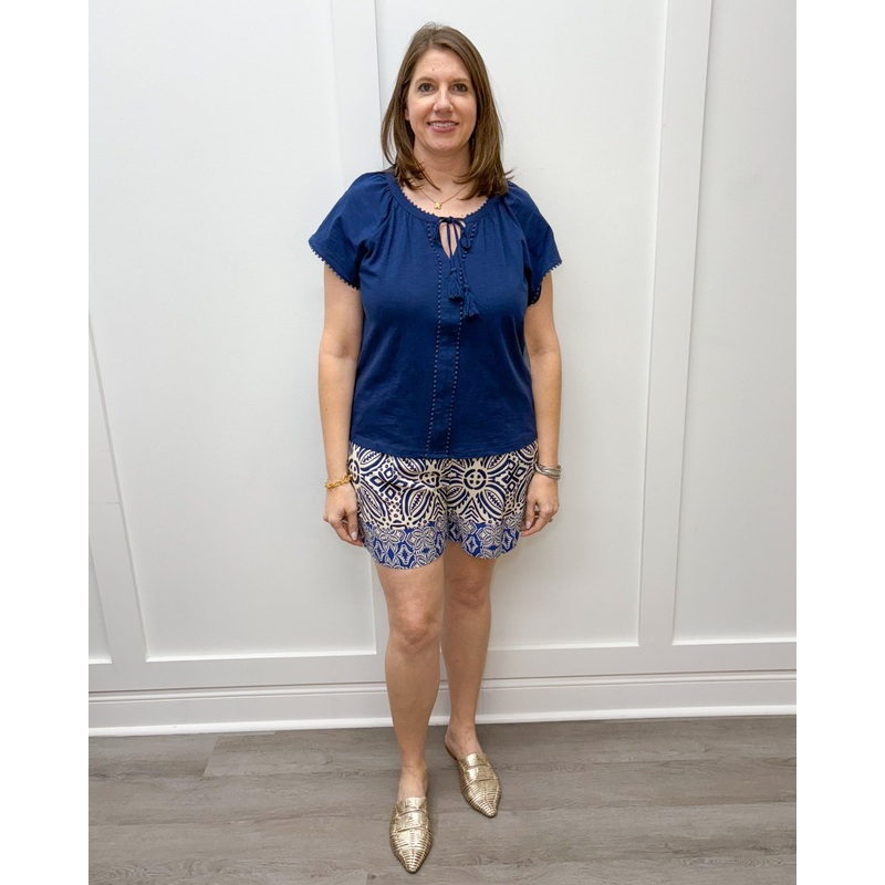 S/S Split Neck Top w/ Tassel – Jet Blue
