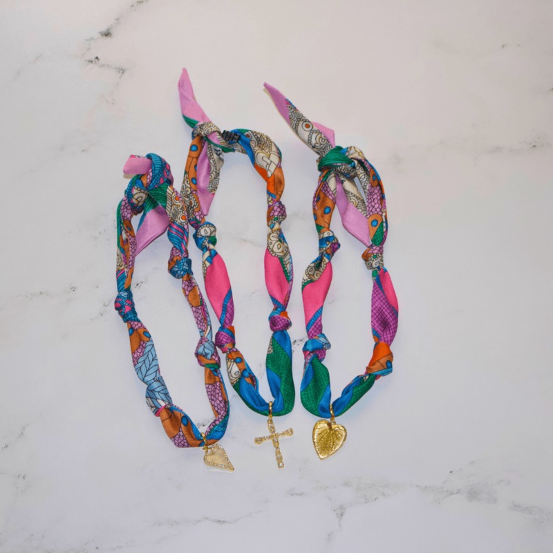 Scarf Necklace ~ Multi Color Pattern: White Heart