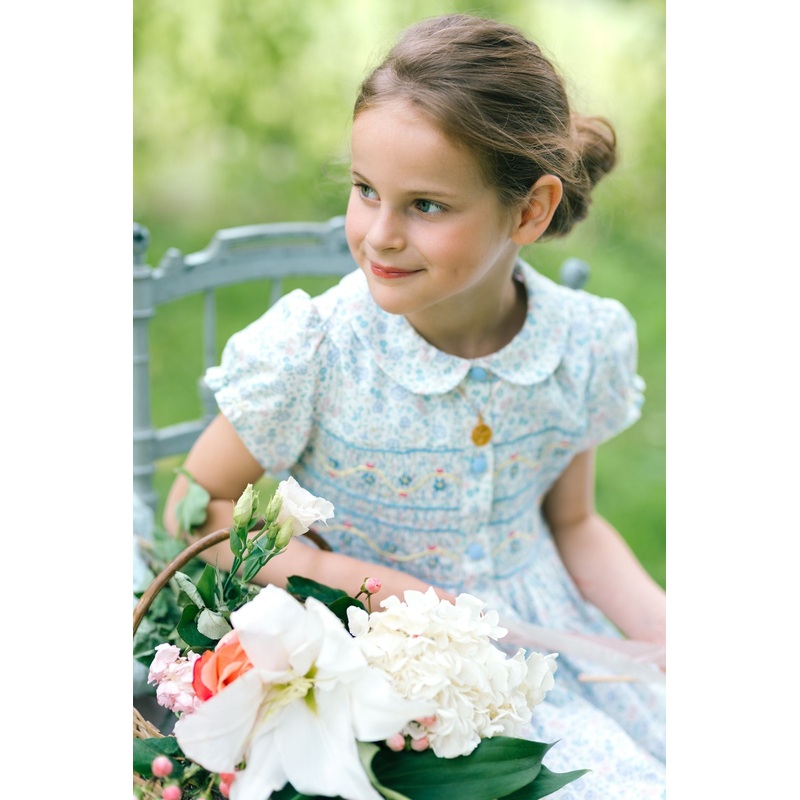 Violette Floral Blue Short Puff Smocked Dress
