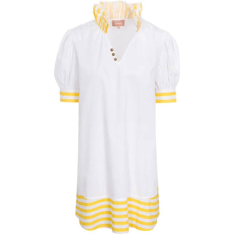 Elephant Dress Short Sleeve White with Yellow by Kate Leigh