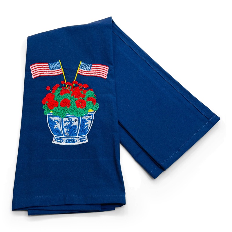 Towel – Geranium in Planter with American Flags on navy