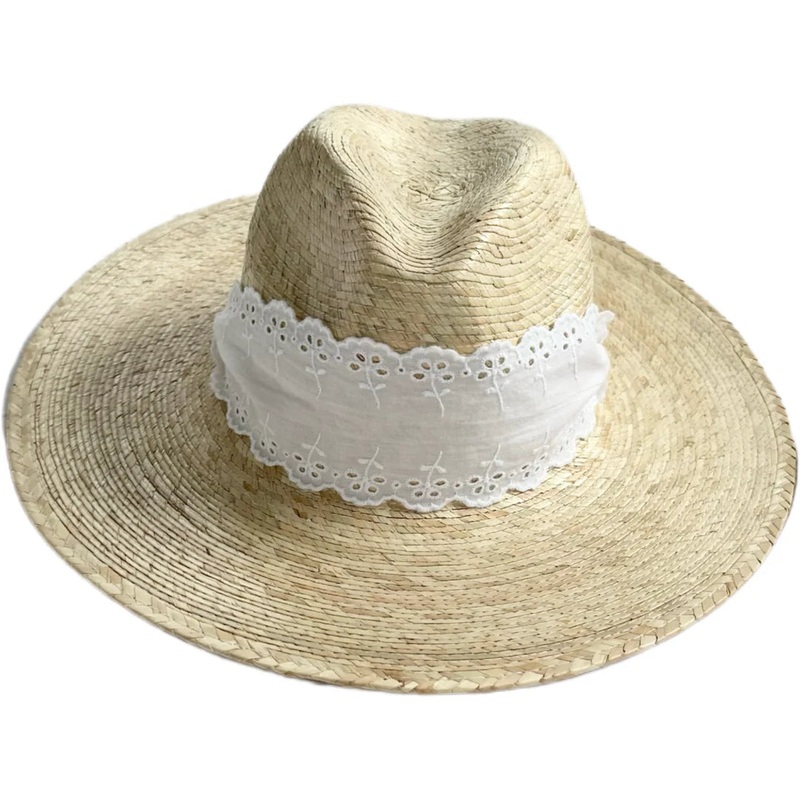 Sarah Bray Zinnia Sun Hat -Wide & Short Lace Eyelet Ribbon Medium/Large