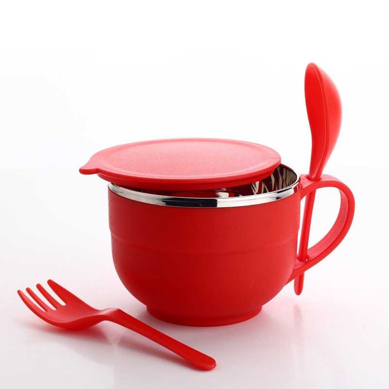 Noodles & Soup Bowl with Spoon and fork Handle Spoon Holder, Stainless Steel Bowl and Spoon Set, Stainless Steel Storage
