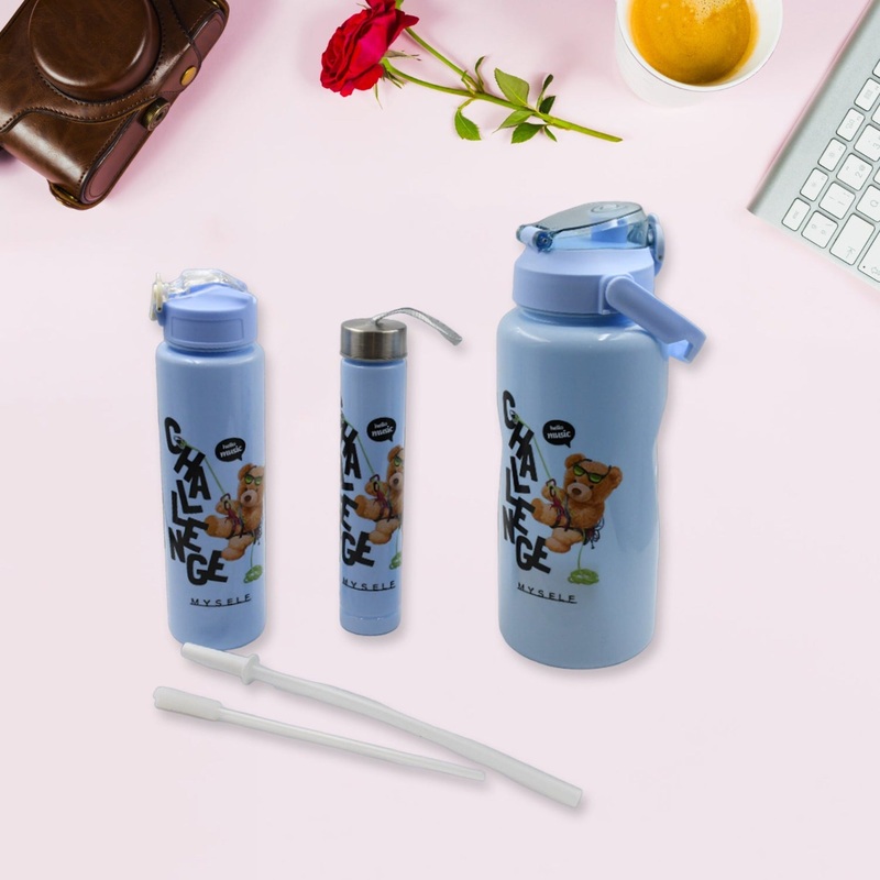 Plastic Water Bottle Set  BPA-Free, Leak-Proof, Cartoon Design for Kids & Gym (3 Pc Set)