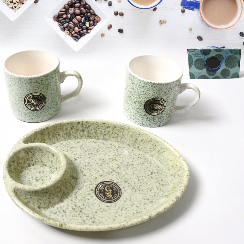 Ceramic Tea/Coffee Cup Set – Alpino 3-Piece with 2-Compartment Serving Platter (BPA-Free)