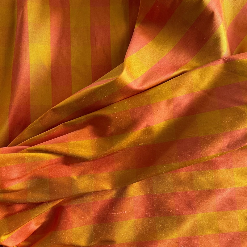 Orange & Peach Gingham Shantung Silk