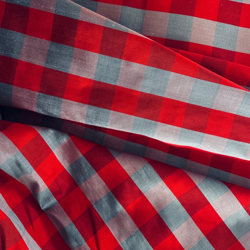 Red & Gray Gingham Dupioni Silk