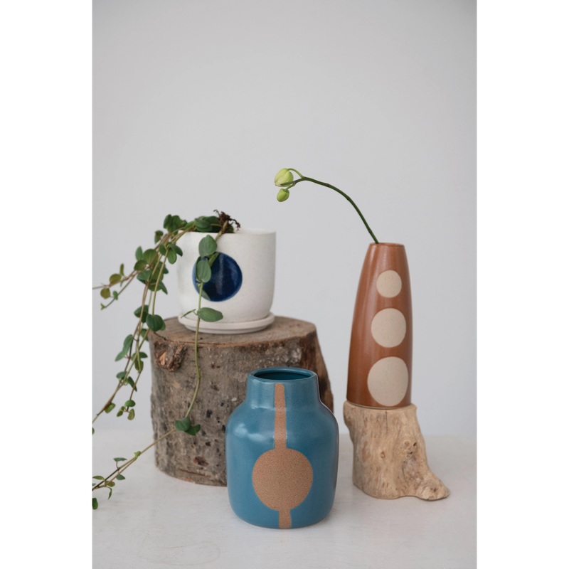 Large Blue Stoneware Vase with Abstract Design