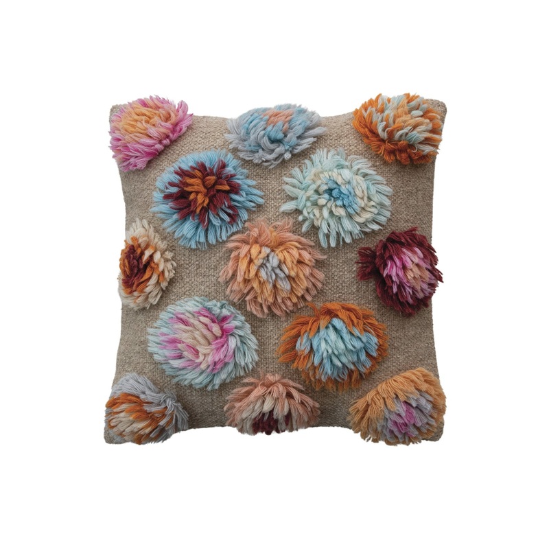 New Zealand Wool Shag & Cotton Pillow with Tufted Circles